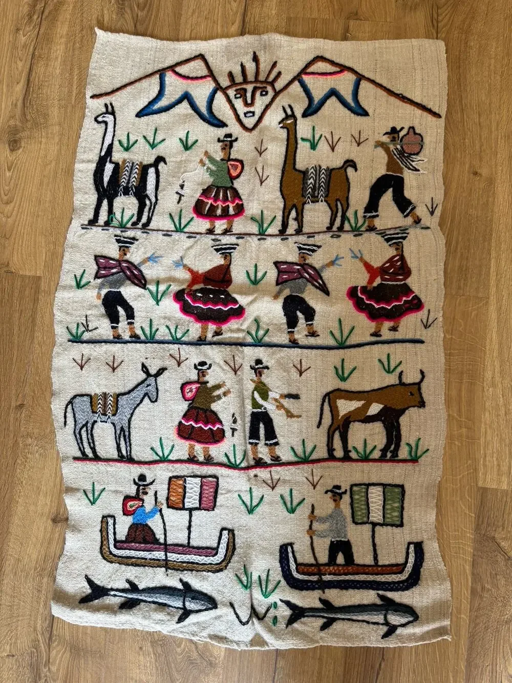 Vintage Peruvian Embroidered Wool Tapestry Wedding Celebration 39x24”